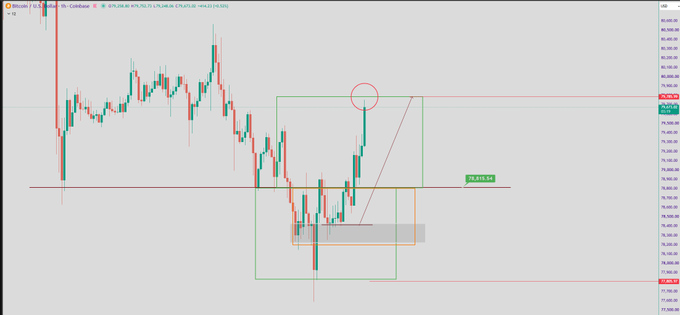 A Bitcoin (BTC/USD) trading chart on TradingView showing candlestick patterns with various technical analysis boxes, lines, and a circled price level around 79,605.