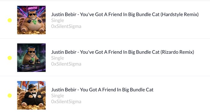 A music streaming interface showing three tracks by Justin Bebir featuring cats in suits: 'You've Got A Friend In Big Bundle Cat' (Hardstyle Remix, Rizardo Remix, and original) all credited as Singles by 0xSilentSigma.
