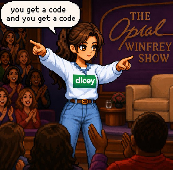 An anime-style illustration parodying Oprah Winfrey on "THE Oprah WINFREY SHOW," where the character wears a "dicey" branded sweater and declares "you get a code and you get a code" to an applauding audience.