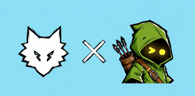 A stylized graphic showing a white wolf head logo on the left and a green hooded archer character with glowing yellow eyes on the right, separated by an 'X' on a light blue background.