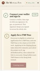 An instructional screen from 'The Mutual Pin' titled 'Connect your wallet and sign in', explaining how to sign a signature message and apply for a TMF Pass.
