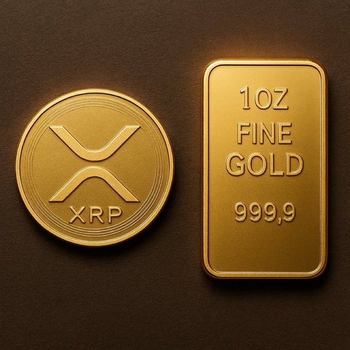 A gold XRP coin sits beside a 1oz fine gold bar marked "999,9," visually representing XRP as a modern store of value akin to traditional gold—aligning with the post's claim that legacy financial systems are straining under debt and liquidity stress, positioning XRP as the alternative poised to rise.