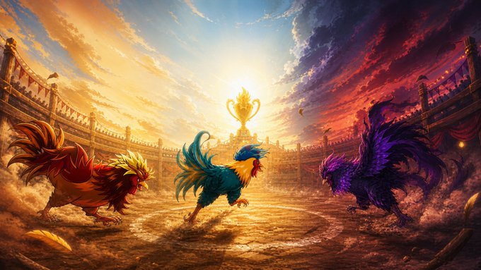 A vibrant fantasy battle scene depicts three powerful roosters—a fiery red, a bright blue, and a shadowy purple—charging across a sun-drenched colosseum arena toward a glowing golden trophy. The image visually captures the high-stakes competition referenced in the post, symbolizing the final "Chicken Saga" showdown where 6,500,000 $COCK tokens await the Top 100 contenders at chickensaga.com.