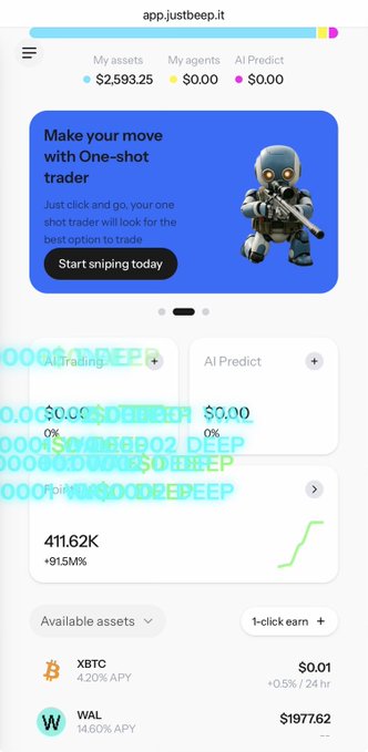 A screenshot from app.justbeep.it showing a trading interface with $2,593.25 in assets, a promotional banner reading 'Make your move with a One-shot trader', and portfolio sections displaying AI Trading and AI Predict with token listings for XBTC and WAL.