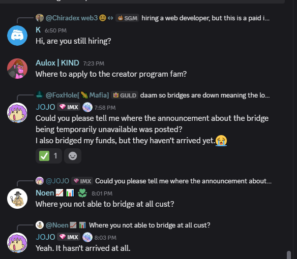 A Discord chat screenshot showing users discussing a hiring announcement and issues with bridge transfers not arriving.