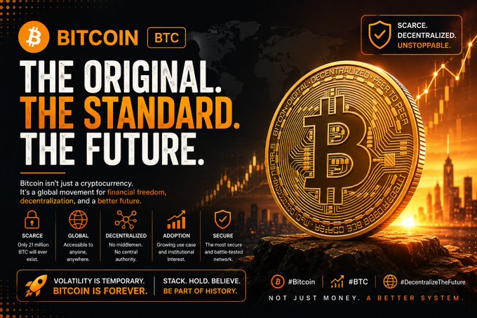 A Bitcoin promotional graphic reading "THE ORIGINAL. THE STANDARD. THE FUTURE." with a large gold BTC coin and hashtags #Bitcoin, #BTC, and #DecentralizeTheFuture.