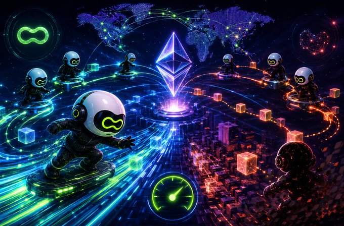 A futuristic digital artwork featuring astronaut-like characters surrounding a glowing Ethereum diamond symbol, with a world map, speedometer, and blockchain cubes in neon colors.