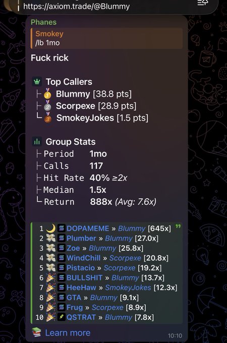 The image shows a trading group stats page from axiom.trade/@Blummy displaying the Phanes group with 117 calls over 1 month, a 40% hit rate, and a 888x return with top calls including DOPAMEME (645x) and Plumber (27.0x) made by Blummy and Scopepex. The "Fuck rick" comment in the image and the humorous "Am I a trenchooor" tone of the post align, as the user appears to be mocking typical meme coin trading groups while advocating for their conviction in $pepecoin over chasing volatile trench plays.