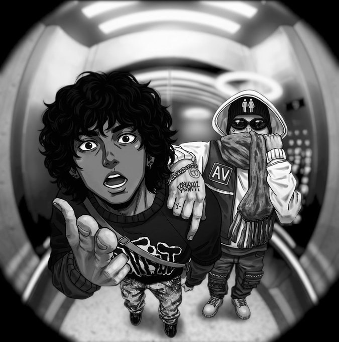 A black and white illustration depicts two characters in a tunnel, one with curly hair looking shocked while the other wears a hood with a toilet symbol and an 'AV' jacket.