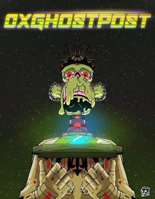 A vibrant graphic poster titled 'OXGHOSTPOST' featuring a grotesque green face with red eyes emerging from a spaceship-like structure against a starry background.