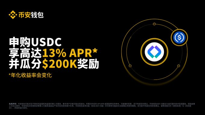 The image is a promotional banner for Binance Wallet (币安钱包) advertising a USDC staking event with up to 13% APR and a $200K reward pool, featuring the Binance logo alongside a USDC token graphic. The accompanying post elaborates that this is "Pharos R25 Axil Prime USDC Season 2," running October 13–26, 2026 (UTC+8), where users can earn passive yield by staking ≥100 USDC without lock-up.