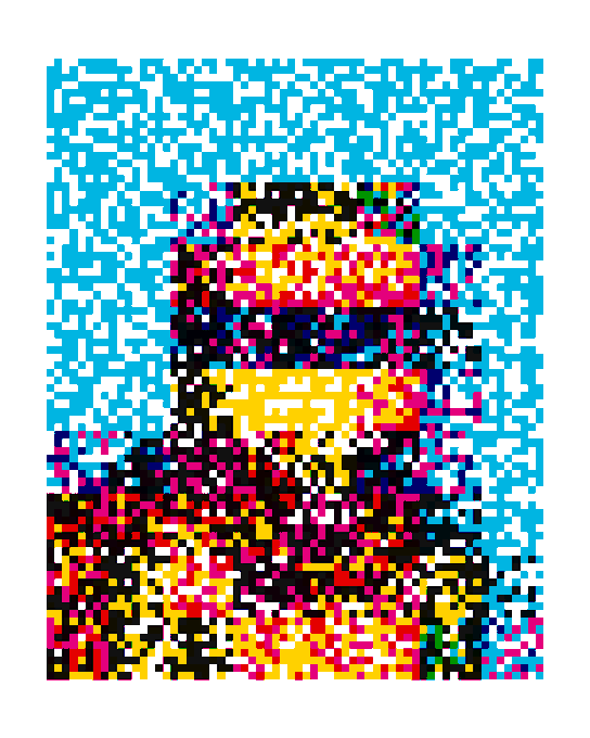 A pixel art-style digital illustration composed of colorful squares forming a portrait of a bearded figure with sunglasses against a light blue background.