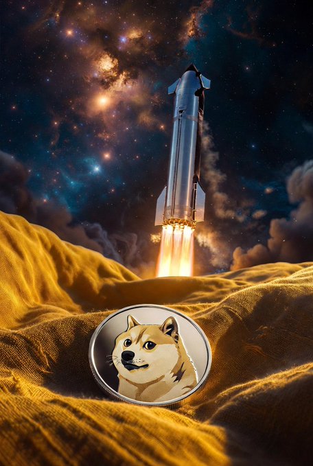 A digital illustration of a SpaceX Starship rocket launching with a Dogecoin token sitting in the sand below against a starry sky background.