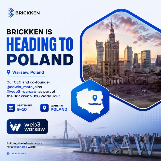 A promotional graphic for "BRICKKEN" announcing "BRICKKEN IS HEADING TO POLAND" for Web3 Warsaw on September 9-10 in Warsaw, Poland, featuring city imagery and a map.