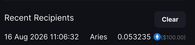 A "Recent Recipients" notification from XcelerateGrow showing a $100.00 transaction of 0.053235 ETH sent on 16 Aug 2026 at 11:06:32 to user "Aries," confirming the $100 payment referenced in the post.