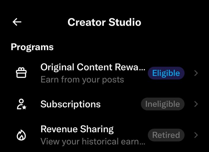 A screenshot of a 'Creator Studio' app interface showing programs like 'Original Content Rewards' marked as 'Eligible', 'Subscriptions' as 'Ineligible', and 'Revenue Sharing' as 'Retired'.