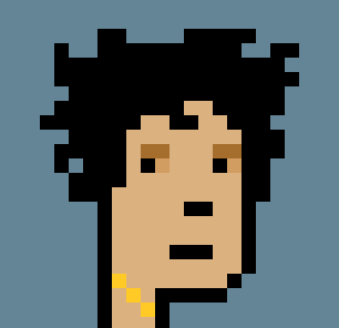 A pixel art portrait of a character with dark skin, curly black hair, and a white tank top against a blue background.
