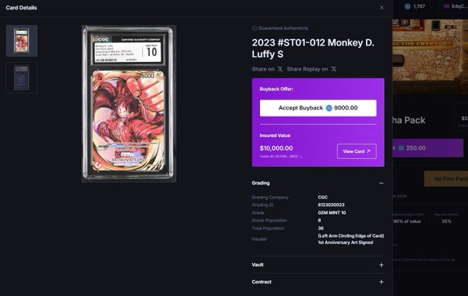 A CGC-graded 10 Mint Monkey D. Luffy card (#ST01-012) from the 2023 One Piece set is shown with a $10,000 insured value and an initial $9,000 buyback offer. The image relates to the post by illustrating the lucky progression from pulling the card in a $250 pack to receiving a substantial $9,000 buyback offer.