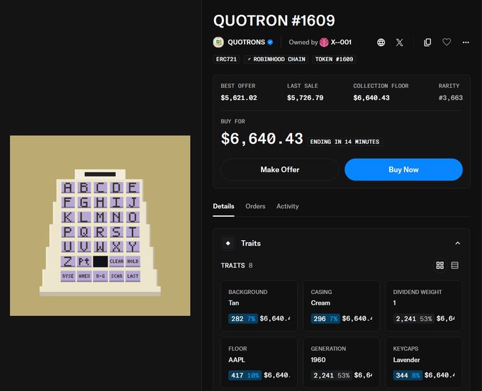 An OpenSea listing for QUOTRON #1609, a pixelated cash register NFT with cream casing and lavender keycaps, priced at $6,640.43.