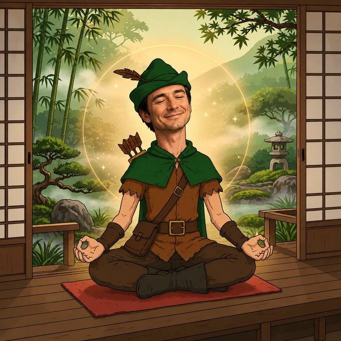 An illustrated image of Robin Hood in a green tunic and feathered hat, sitting cross-legged in a meditative lotus pose on a red mat with a peaceful smile.