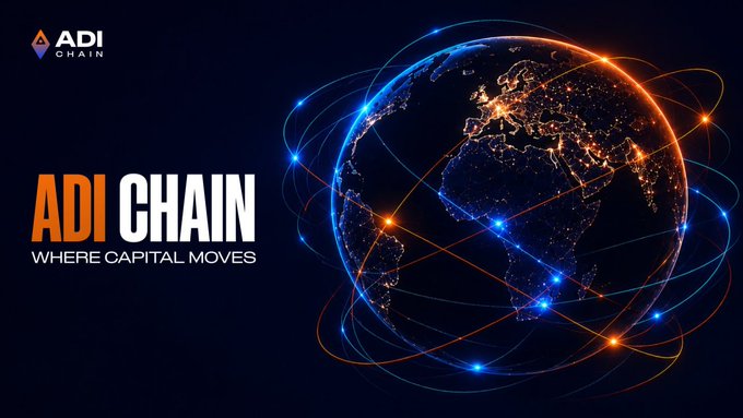 A promotional graphic for ADI Chain featuring the brand logo and tagline "WHERE CAPITAL MOVES," set against a dark background with a glowing digital globe wrapped in blue and orange network lines connecting illuminated nodes across continents—visually reinforcing the post's theme of ADI Chain's expanding global financial infrastructure spanning multiple currencies, institutions, and major events like FIFA.