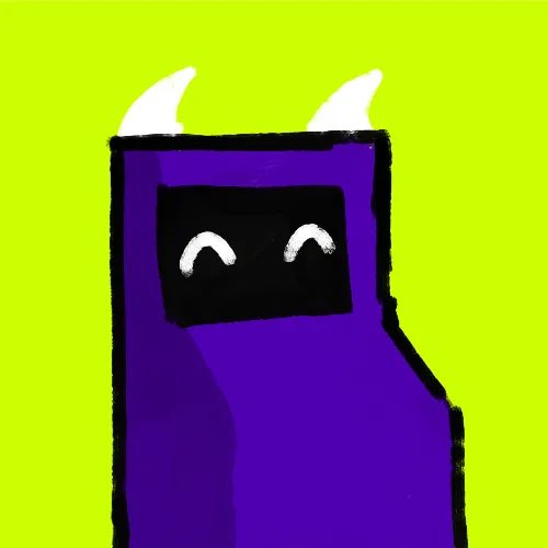 A simple digital drawing depicts a purple, blocky character with white horns, glowing white eyes, and a black screen-like face set against a bright green background. The image serves as a playful, minimalist representation of a Bitcoin Ordinal NFT, complementing the post's bullish sentiment about holding their BTC Ordinal collection.