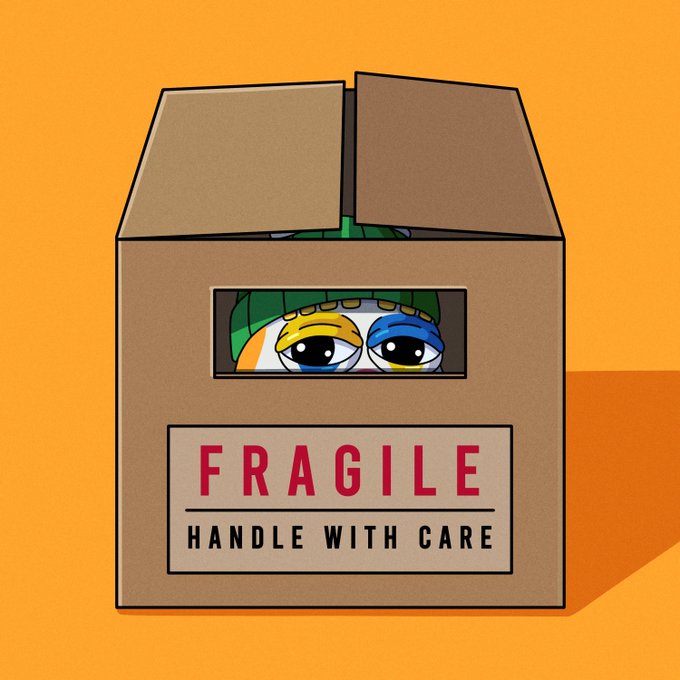 A cartoon frog with sad, watery eyes peeks out from inside a cardboard box labeled "FRAGILE - HANDLE WITH CARE," set against an orange background. The image humorously illustrates the post's message about a "FROGE" emotional support pet that has been emotionally affected by the crypto charts and needs gentle handling.