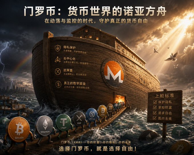 Chinese promotional artwork titled "门罗市: 货币世界的诺亚方舟" depicting a Noah's Ark-style ship carrying various cryptocurrency coins including Bitcoin, Ethereum, USDT, XRP, and Doge.