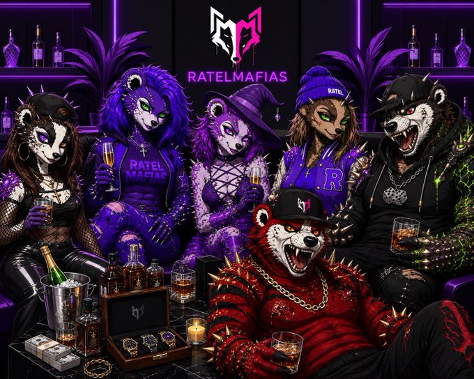 A vibrant purple-themed digital illustration titled 'RATELMAFIAS' featuring anthropomorphic animal characters (bears, raccoons) dressed in gothic streetwear, holding drinks around a table with luxury items.
