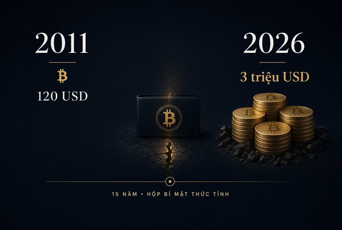 The image illustrates a dormant Bitcoin wallet's remarkable appreciation over 15 years, showing "2011" with the Bitcoin symbol and "120 USD" on the left, a closed wallet in the center emitting golden sparkles, and "2026" with "3 triệu USD" (3 million USD) beside stacks of gold Bitcoin coins on the right, with the caption "15 NĂM · HỘP BÍ MẬT THỨC TỈNH" (15 Years · Mystery Box Awakens) at the bottom—visually representing the post's story of an inactive 40 BTC wallet from 2011 now worth over $3 million.