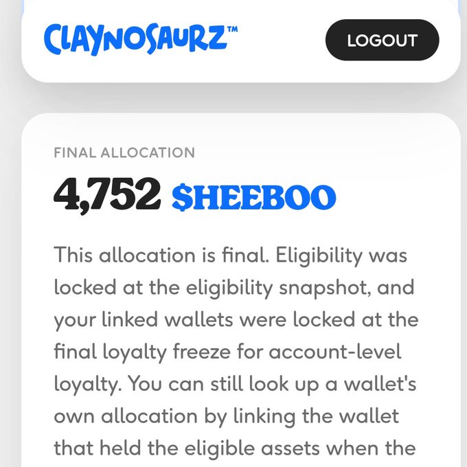 A screenshot from the Claynosaurz airdrop checker at allocation.claynosaurz.com shows a final allocation of 4,752 $SHEEBOO tokens for a verified user, with the text explaining that eligibility was locked at the snapshot and wallets are frozen at the final loyalty stage, supporting the post's announcement that the $HEEBOO airdrop checker is now live for holders of Claynosaurz or Popkins NFTs.