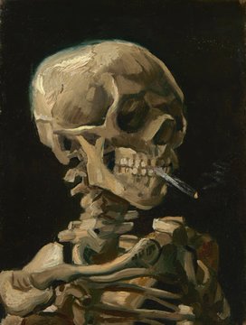 The image shows Vincent van Gogh's "Head of a Skeleton with Burning Cigarette" (1886), depicting a skeletal figure with a lit cigarette in its mouth against a dark background, rendered in van Gogh's characteristic bold brushstrokes. The post pairs this classic work with a 2026 contemporary piece called "Argonauts" by @lphaCentauriKid, suggesting a thematic dialogue between historical and modern artistic interpretations of mortality.