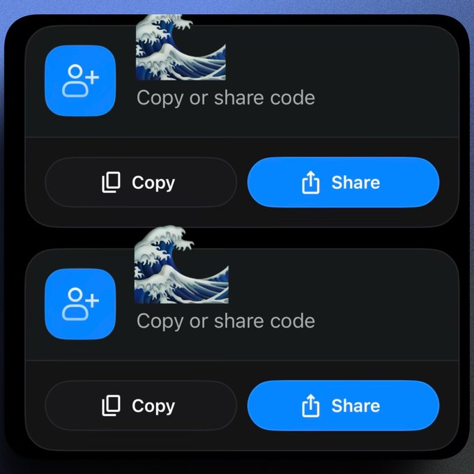 A dark interface displays two identical 'Copy or share code' sections, each featuring a Great Wave off Kanagawa thumbnail and Copy and Share buttons.