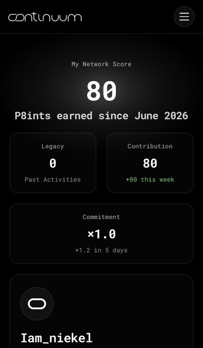 A mobile app screenshot from 'continuum' displaying a 'My Network Score' of 80, with 80 P8ints earned since June 2026, broken down into Legacy (0) and Contribution (80) categories.