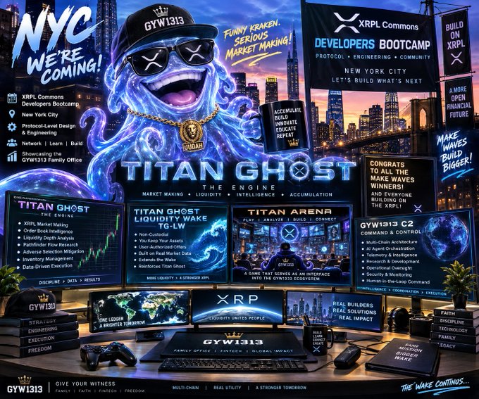A promotional collage for 'Titan Ghost - The Engine' and 'XRPL Commons Developers Bootcamp' features a central figure in sunglasses and a 'GYW1313' cap, surrounded by text including 'NYC WE'RE COMING!', 'BUILD ON XRPL', 'FUNNY KRAKEN, SERIOUS MARKET MAKING!', and 'MAKE WAVES BUILD BIGGER!'.