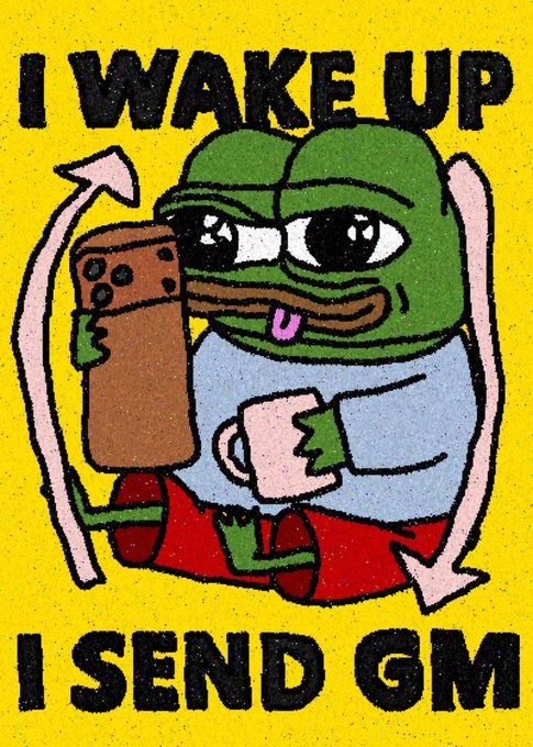A cartoon illustration of Pepe the Frog holding a phone and coffee mug on a bright yellow background, with bold text reading "I WAKE UP" at the top and "I SEND GM" at the bottom, playfully depicting the daily crypto ritual of posting "gm" (good morning) upon waking up.