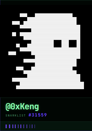 A pixelated, glitch-style skull graphic with a 'CRY' text pattern on a dark background, labeled '@0xKeng' and 'SNARKLIST #31559' with a progress bar at the bottom.