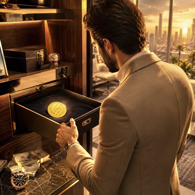 A man in a beige suit looking at an open drawer containing a gold coin, with cash and a watch on the counter and a city skyline at sunset in the background.