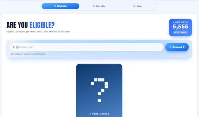 A webpage for 'CONSO' showing an 'ARE YOU ELIGIBLE?' section where users can connect their X account (@conso_xyz) to check for a free CONGO BOT, with a mint supply of 5,555 tokens.