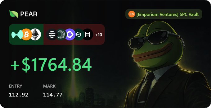 A financial dashboard displays the PEAR token with a gain of +$1764.84, showing an entry price of 112.92 and mark of 114.77, alongside various cryptocurrency logos and a sunglasses-wearing Pepe frog mascot from [Emporium Ventures] SPC Vault.