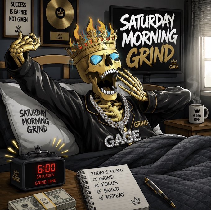An illustrated promotional poster titled 'SATURDAY MORNING GRIND' featuring a golden crowned skeleton in black satin pajamas waking up at 6:00 AM, with a to-do list reading 'GRIND, FOCUS, BUILD, REPEAT' and a poster stating 'SUCCESS IS EARNED NOT GIVEN'.