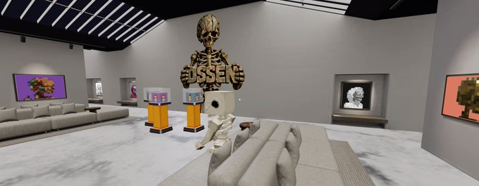 3D rendered virtual gallery space featuring a gold skeleton holding a 'USSEG' sign, NFT displays on the walls, and modern furniture.