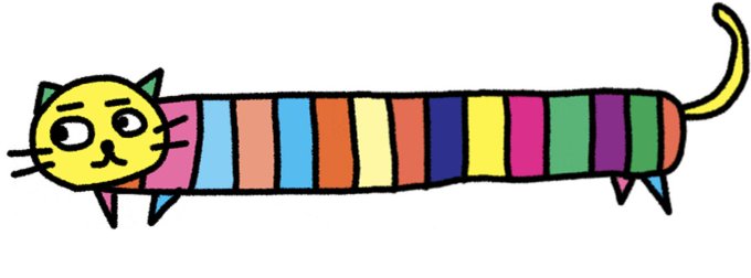 A colorful, rainbow-striped long-bodied cartoon cat with a yellow face, small triangular ears, thin legs, and a curved tail. The whimsical illustration matches the post's mention of "下一个 longdog" (next longdog), depicting the elongated, playful cat-like creature.