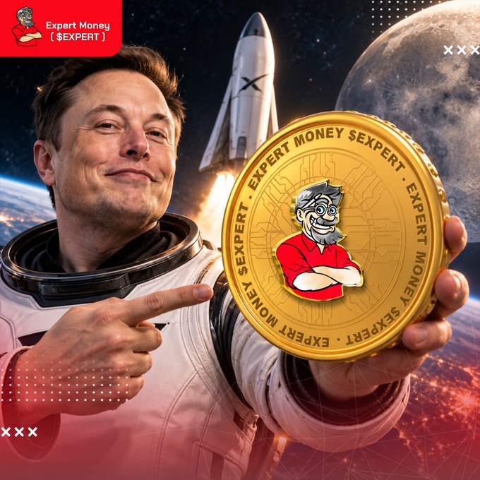 A promotional image featuring a smiling man in a white spacesuit pointing at a large gold coin branded 'EXPERT MONEY $EXPERT' with a cartoon mascot, set against a backdrop of a SpaceX rocket launching toward the moon.