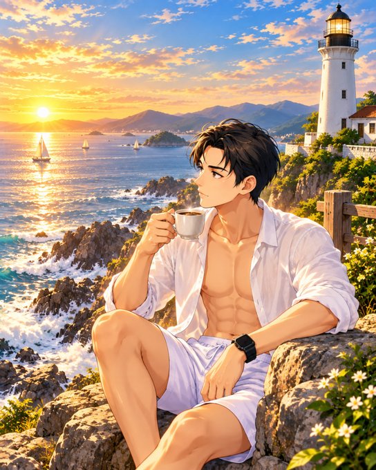 An anime-style illustration of a muscular young man in a partially unbuttoned white shirt sitting on rocky cliffs by the ocean, holding a coffee cup with a lighthouse and sunset in the background.