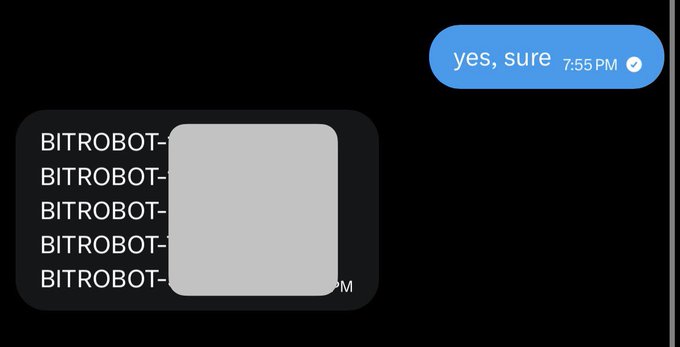 A dark chat interface shows a user message saying "yes, sure" at 7:55 PM, with a response bubble containing repeated "BITROBOT-" text obscured by a gray rectangle.