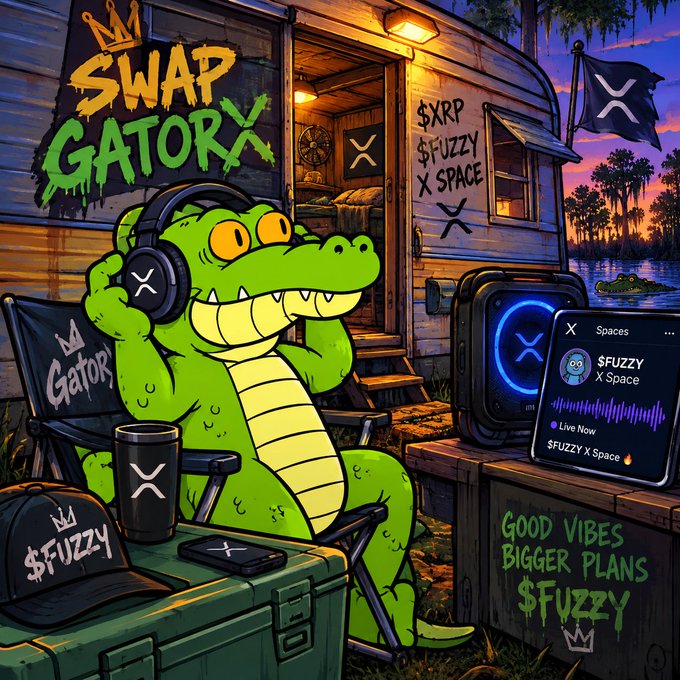 A cartoon illustration features a green alligator wearing headphones sitting in a chair outside a shack labeled 'SWAP GATORX' with text including '$XRP', '$FUZZY X SPACE', and 'GOOD VIBES BIGGER PLANS $FUZZY'.
