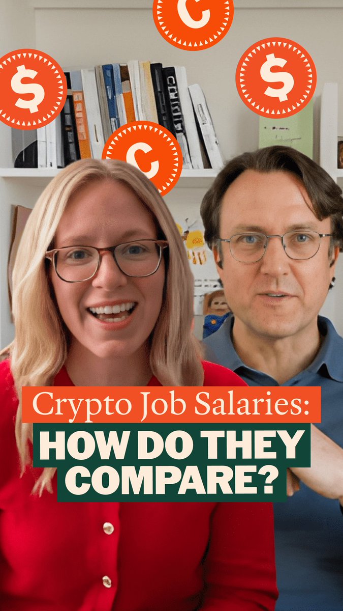 A man and woman smile together beneath floating dollar and cent coin graphics, with bold text reading "Crypto Job Salaries: HOW DO THEY COMPARE?"—illustrating the podcast episode unpacking data on the 232,000 U.S. crypto jobs and their above-average wages featured in the Crypto at Work Report.