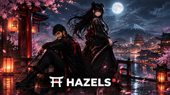 Anime-style artwork of two figures in dark traditional clothing seated before a moonlit Japanese cityscape with Mt. Fuji, branded 'HAZELS' with a torii gate logo.
