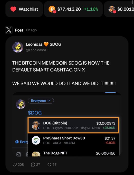 An X (Twitter) post by Leonidas (@LeonidasNFT) announcing that the Bitcoin memecoin $DOG is now the default smart cashtag on X, showing DOG at $0.000973.